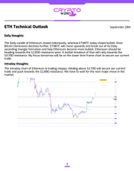 A presentation slide titled 'ETH Technical Outlook' dated September 28th discusses the daily and weekly trends of the ETH/USDT pair, including a price chart.
