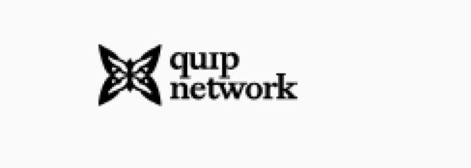 The image features a logo for Quip Network, which is a company that focuses on developing new tokens, chains, and narratives related to cryptocurrency. The logo consists of a black butterfly with its wings spread wide against a white background. The text "quip network" is written in black below the butterfly design. This combination of elements creates an interesting visual contrast between the butterfly's vibrant colors and the stark white background.