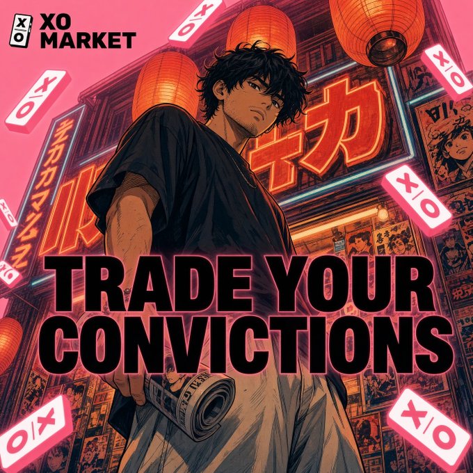 A stylized pink-toned anime illustration of a young man holding a rolled newspaper, with "XO MARKET" logo and the text "TRADE YOUR CONVICTIONS" prominently displayed against a backdrop of red lanterns and neon signs.