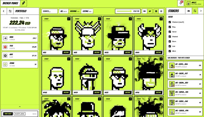 The image shows a dashboard interface for the "Broker Punks" NFT collection domain, displaying pixel-art avatar NFTs priced at 222.24 USD, with the most recent collection being "#BrokerPunks" on the MakersPlace marketplace. The trading-view-style portfolio layout links to the post's announcement that brokerpunks.com is now live again, serving as a visual reference to the active NFT project.