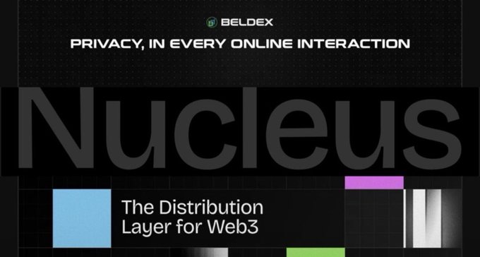 A Beldex-branded banner promotes "Nucleus - The Distribution Layer for Web3" under the tagline "Privacy, in every online interaction," visually aligning with the post's theme of highlighting Beldex's privacy infrastructure campaign featured on Nucleus.