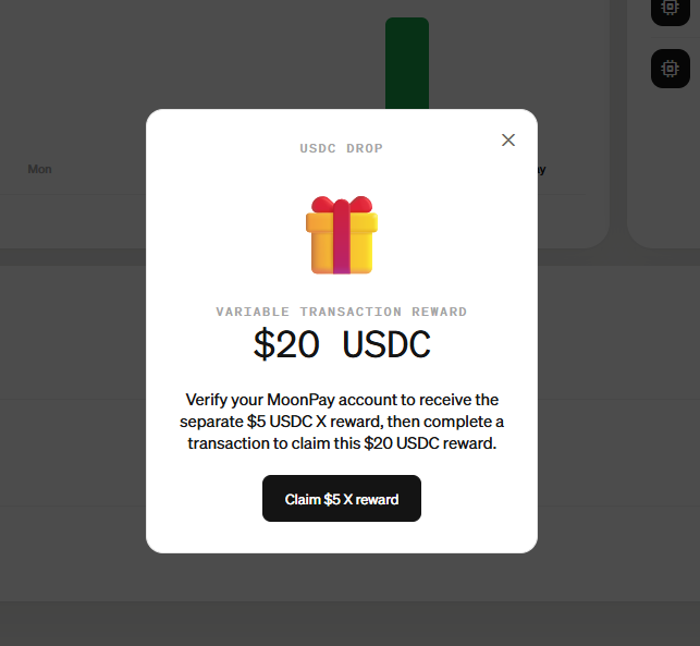 A 'USDC DROP' pop-up notification showing a '$20 USDC' variable transaction reward from MoonPay, instructing users to verify their account and complete a transaction.