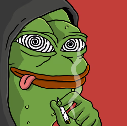 A digital illustration of the 'Doomer' meme character shows a green-skinned figure in a dark hoodie with swirling spiral eyes and a tongue sticking out, holding a lit cigarette against a solid red background.