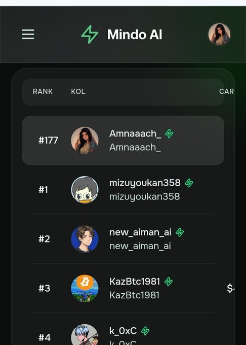 The image shows a cell phone screen displaying an updated leaderboard for a social media platform, Mindo AI. The leaderboard now includes profiles of users named Amnaach, MIZYOUCAN, and AMMAN AFI. There are also several other users with different names and scores visible on the leaderboard. The image is related to the post because it provides information about the updated leaderboard for Mindo AI, which is a social media platform that allows users to rank and compare their profiles against others in the network.