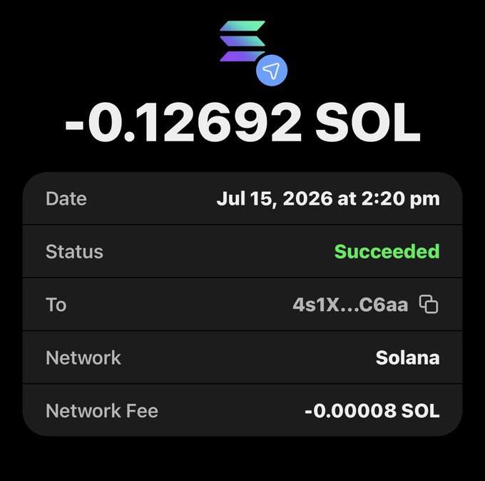 A Solana blockchain transaction screenshot showing -0.12692 SOL sent to address "4s1X...C6aa" on Jul 15, 2026, marked as "Succeeded" with a -0.00008 SOL network fee. The image serves as proof of a SOL transfer to a winner as part of the 1/10 winners giveaway mentioned in the post.