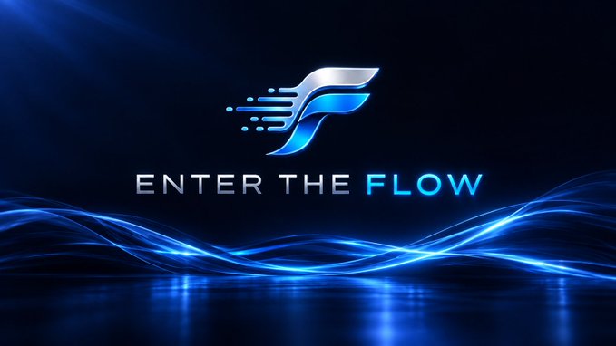 A futuristic blue digital graphic with a stylized "F" logo and the text "ENTER THE FLOW" against flowing wave patterns on a dark background.