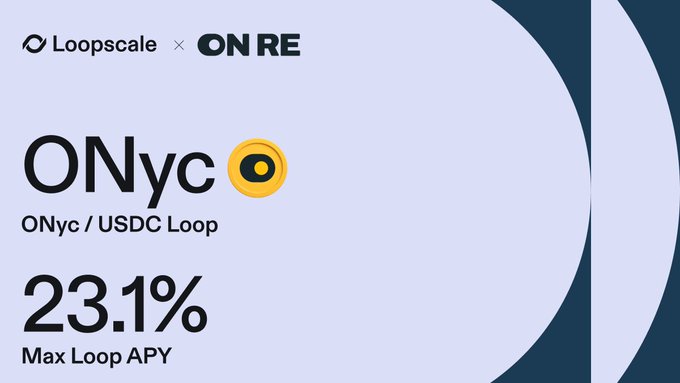 A promotional graphic for Loopscale x ON RE displaying 'ONyc / USDC Loop' with a '23.1% Max Loop APY' and the Loopscale and ONyc logos.