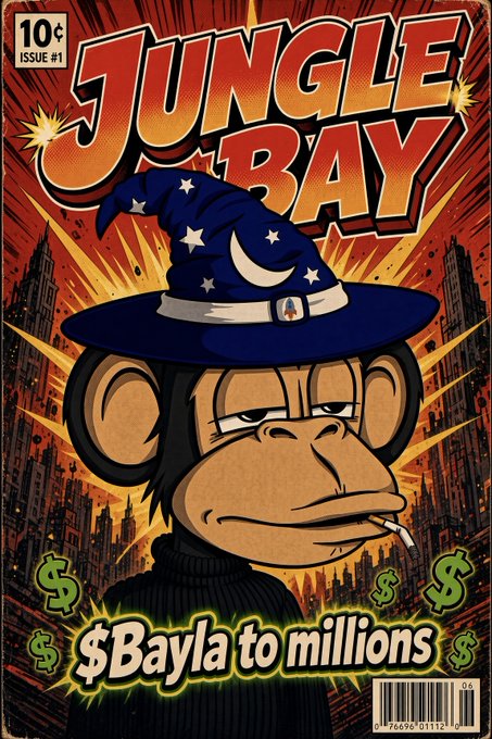 A comic book-style cover titled 'JUNGLE BAY' features a smoking monkey in a wizard hat with the text '$Bayla to millions' and '10¢ ISSUE #1'.