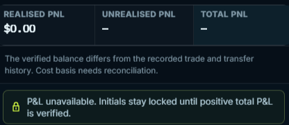 A digital interface displays financial information showing 'REALISED PNL $0.00', 'UNREALISED PNL –', and 'TOTAL PNL –', with a message stating 'P&L unavailable. Initials stay locked until positive total P&L is verified.'