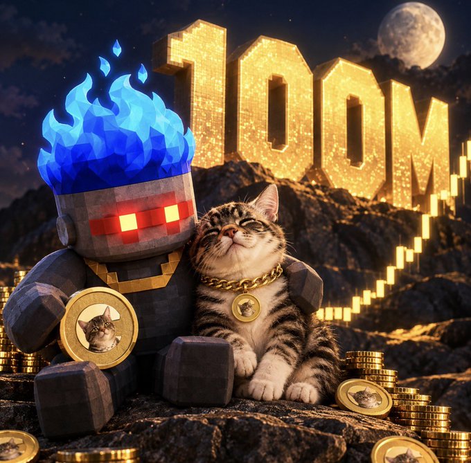 The image shows a stylized gray robot with blue flame accents and glowing red eyes sitting beside a tabby cat wearing a gold chain medallion, with glittering gold "100M" lettering and a pixelated stairway rising into a moonlit sky in the background. Scattered gold coins featuring the cat's face reinforce the celebratory "$CATE JUST BROKE 100M" milestone, with the visual elements symbolizing achievement, community wealth, and ascending growth.