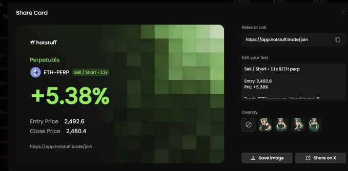 A share card for 'hotstuff' showing a 'Sell / Short • 11x ETH-PERP' position with a profit of +5.38%, Entry Price 2,492.6, and Close Price 2,480.4.