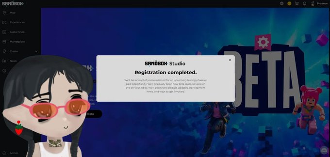 A screenshot from the Sandbox Studio interface shows a 'Registration completed' message, with a cartoon character wearing red sunglasses in the lower-left corner and a 'BETA' sign on the right.