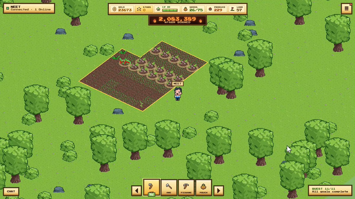 The image shows a cartoon scene of a man walking through a field with trees, bushes, and rocks. The background features a green landscape that includes a large open area filled with trees and bushes. There are also some small rocks scattered throughout the scene. In the foreground, there is a sign that reads "Farmtown-three.vercel.app/?farm=farm-e93 ... Stay safe and always double-check before connecting your wallet." The image seems to be related to an advertisement or promotional material for Farmtown, which is a farming simulation game.