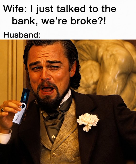 Humor meme with text 'Wife: I just talked to the bank, we're broke?! Husband:' showing Leonardo DiCaprio in period clothing holding an iPod in a crying expression.