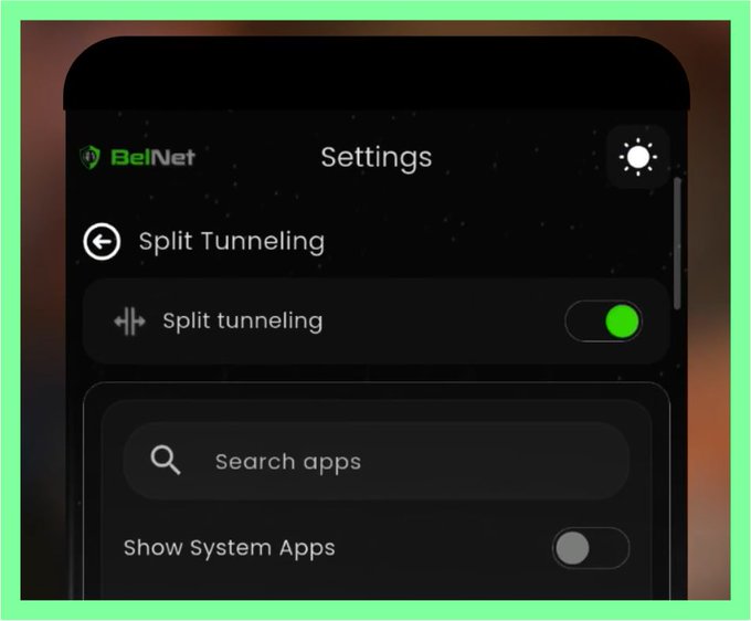 A mobile app settings screen for "BeNet" showing the "Split Tunneling" menu with the split tunneling toggle enabled (green), a search bar for apps, and the "Show System Apps" toggle disabled.