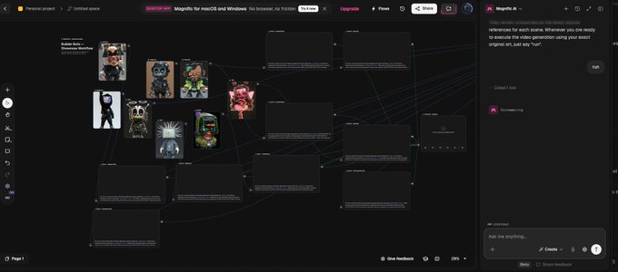 A screenshot shows an AI image generation interface on macOS, displaying a node-based 'Untitled space' project with character reference images connected to text prompt nodes.