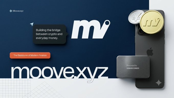A promotional graphic for Moove.xyz with the tagline 'Building the bridge between crypto and everyday money' and 'The Backbone of Modern Finance', featuring a smartphone with cryptocurrency tokens.