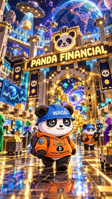 A vibrant, AI-generated digital illustration featuring an adorable panda character wearing a blue 'WAGBI' cap and an orange 'PANDA FINANCIAL' hoodie with a 'BTC' badge, set in an elaborate futuristic trading hall themed around 'PANDA FINANCIAL'.