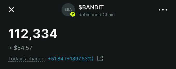 A Robinhood Chain cryptocurrency screen displays the $BANDIT token priced at approximately $54.57, showing a holdings value of 112,334 with a massive gain of +51.84 (+1897.53%).