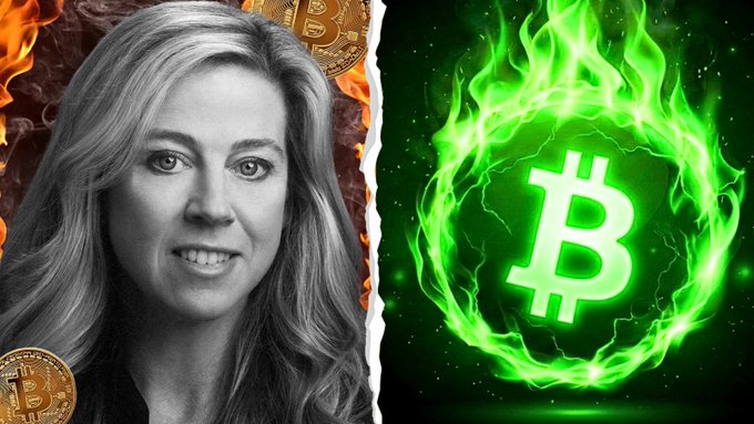 A split image shows a grayscale portrait of a woman with Bitcoin coins on the left and a glowing green Bitcoin symbol surrounded by flames on the right.