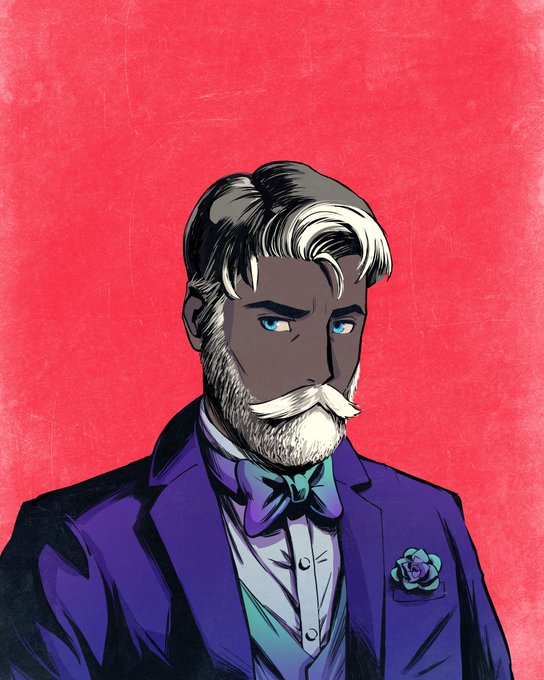Stylized digital illustration of a bearded man with striking blue eyes and a white mustache, wearing a purple suit with a bow tie and a rose boutonniere against a red background.