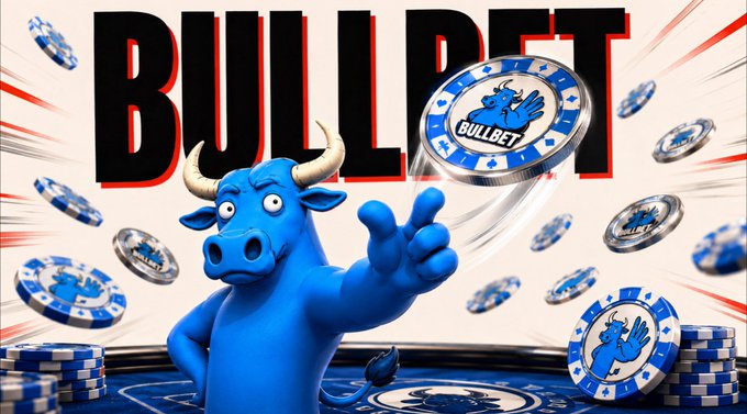 A blue cartoon bull mascot points forward amid flying branded poker chips, with bold "BULLBET" text dominating the background—visually capturing the energetic, winning spirit of the $BULLBET Solana casino launch at bullbet.casino.