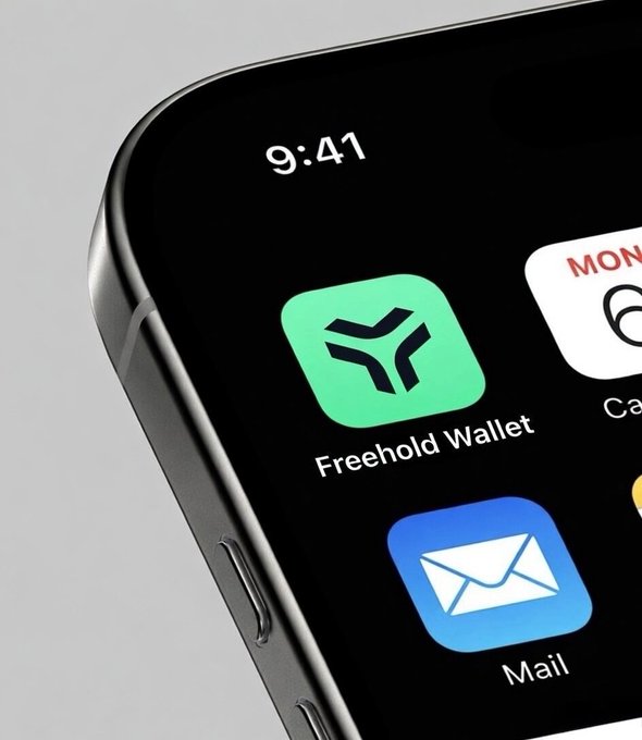 A close-up of a smartphone screen displays the "Freehold Wallet" app icon alongside a Mail icon, emphasizing the wallet's accessibility. The image visually reinforces the post's message about proper self-custody and Freehold's secure seed generation approach.