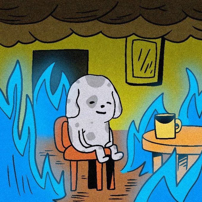 The image features a cartoon dog sitting on an orange chair inside a room filled with blue flames. The dog appears to be in distress or sadness, as if it has been burned by the fire. The scene takes place indoors, possibly within a house or a building, and there is a coffee table nearby. The caption of the post reads "BORF WRITING CONTEST IS NOW LIVE BORF is launching a 1-week writing and content campaign designed to increase awareness within the Base ecosystem through organic, educational storytelling".