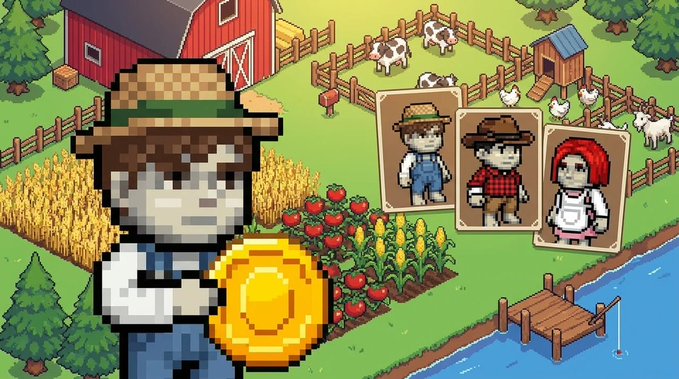 A pixel-art farmer holds a golden coin beside crop fields, cows, and chickens, with three character cards shown to the right. The image promotes the launch of the "$HARVEST" token, displaying its official contract address 0x51e6f3147dcdf3cf60bdc0ed771e73279f7136ac ahead of its integration into the farming game.
