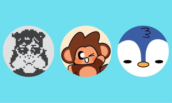 Three circular icons on a teal background: a pixelated black and white character (resembling a caveboy), a winking brown monkey, and a blue penguin character with 'E3' on its head.