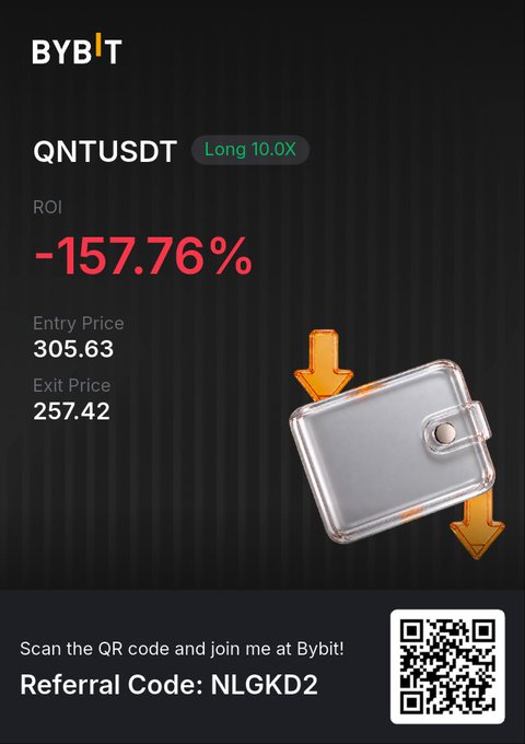 A promotional graphic for Bybit showing a QNTUSDT long position with 10.0X leverage and an ROI of -157.76%, including a referral code NLGKD2 and QR code.