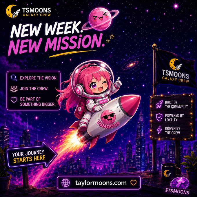 Vibrant promotional poster for 'TSMOONS Galaxy Crew' featuring an anime astronaut girl on a rocket, with text 'NEW WEEK. NEW MISSION.' and website taylormoons.com.