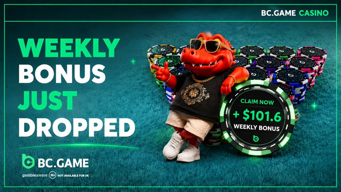 A promotional banner for BC.GAME Casino advertising a 'WEEKLY BONUS JUST DROPPED' of +$101.6, featuring a cartoon mascot wearing sunglasses next to stacks of casino chips.