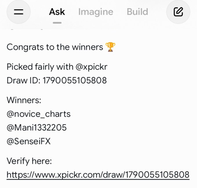 A social media post announces 'Congrats to the winners' of a draw by @xpickr (Draw ID: 1790055105808), listing winners @novice_charts, @Mani1332205, and @SenseiFX.