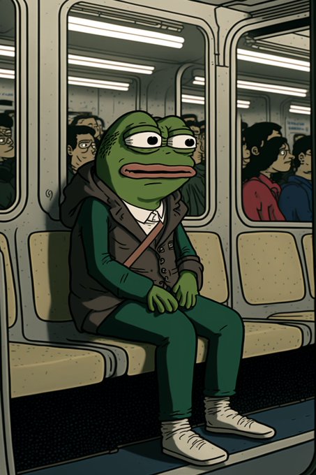 The image features a cartoon frog sitting on a subway seat, surrounded by other passengers. There are several people visible around the frog, including those seated close together and others standing nearby. The scene appears to be set in a public transportation setting like a subway or train car.