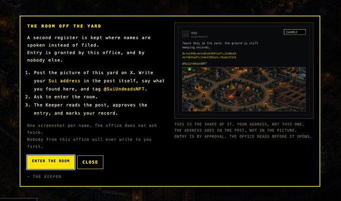 A dark, retro-styled puzzle interface titled “THE ROOM OFF THE YARD” gives instructions for submitting a picture and address, with buttons labeled “ENTER THE ROOM” and “CLOSE.”