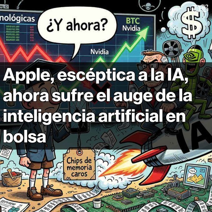 A cartoon-style image shows a worried Apple investor in graduation cap and shorts asking "¿Y ahora?" (What now?) amid falling stock charts, while an AI-themed rocket labeled "IA" soars past with characters representing Nvidia and Bitcoin investors. Overlaid text reads "Apple, escéptica a la IA, ahora sufre el auge de la inteligencia artificial en bolsa," with a tag noting "Chips de memoria caros," illustrating the post's narrative of Apple's 10% stock drop while AI-driven competitors like Nvidia and BTC surge.