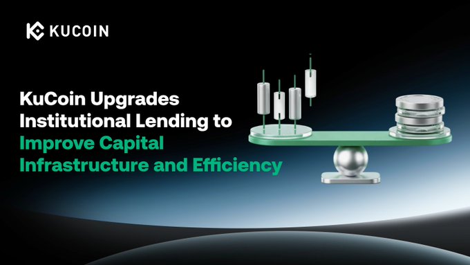 The image is a KuCoin promotional graphic featuring the headline "KuCoin Upgrades Institutional Lending to Improve Capital Infrastructure and Efficiency," alongside a visual of a balanced scale weighing candlestick chart figures against stacks of coins—symbolizing the platform's enhanced capital efficiency and lending balance for institutional clients.