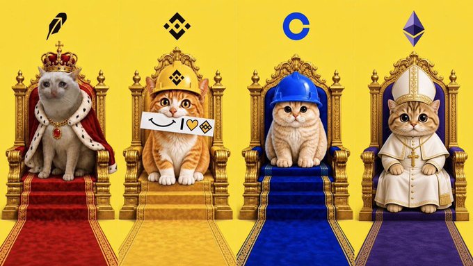 Four cats dressed as royalty and authority figures sit on ornate thrones against a yellow background, displaying crypto logos: Pepe, Binance, Coinbase, and Ethereum.