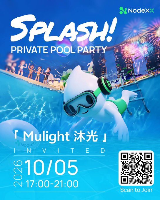 A promotional poster for 'SPLASH! PRIVATE POOL PARTY' hosted by NodeXX, featuring a 3D dog character in snorkeling gear underwater, scheduled for 2026/10/05 from 17:00-21:00 with a QR code to join.