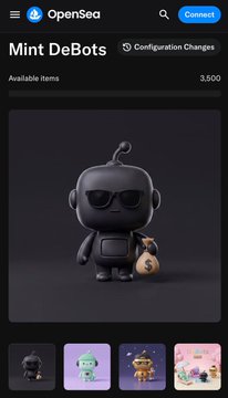 A mobile screenshot of OpenSea's NFT marketplace showing a 'Mint DeBots' collection featuring a black robot figurine holding a money bag, priced at 3,500.