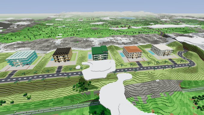 A 3D rendered aerial view shows a planned development or architectural model with several modern houses arranged on contoured, terraced green land. A winding road connects the buildings, and a river cuts through the landscape.