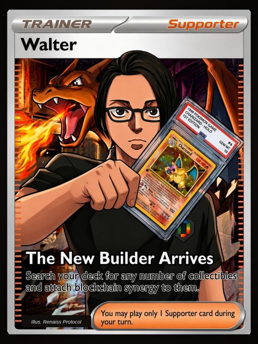 A Pokémon Trading Card Game Supporter card titled "Walter" featuring the character holding a Chandelure card, with the text "The New Builder Arrives".