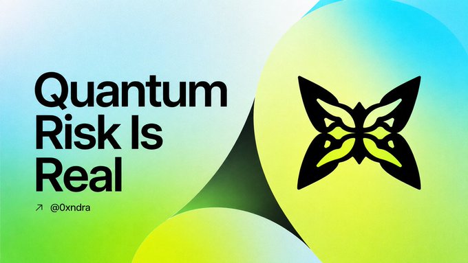A graphic with the text 'Quantum Risk Is Real' by @0xndra, featuring a geometric butterfly/kite logo on a gradient green and yellow background.