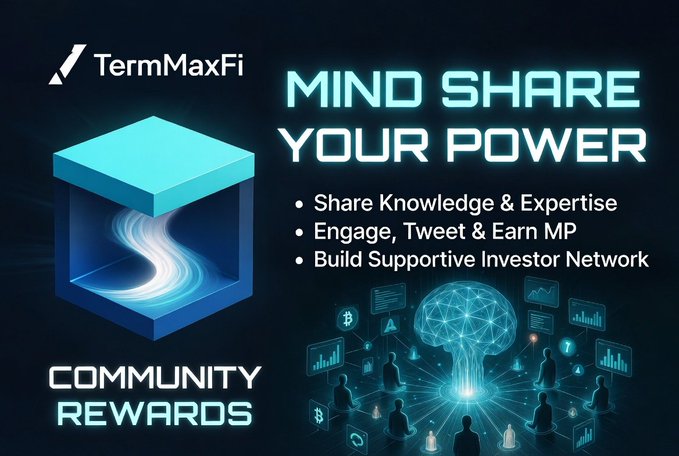 TermMaxFi promotional graphic titled "MIND SHARE YOUR POWER" advertising community rewards for sharing knowledge, tweeting, and building investor networks.