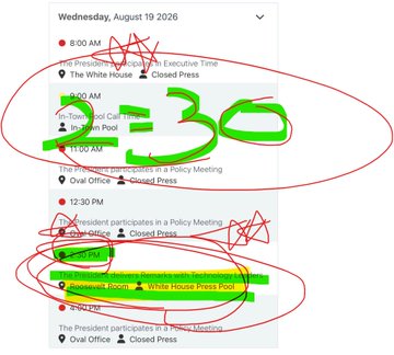 A schedule for Wednesday, August 19 2026 is heavily annotated with green markings reading "=30" and red circles and stars highlighting "The President participates in a Policy Meeting" events at the Oval Office with "Closed Press" notation at 9:00 AM, 12:30 PM, and 2:00 PM, illustrating the timing of Trump's historic crypto meeting with industry leaders and regulators.