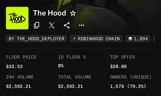 The image shows an NFT collection page for "The Hood" on Robinhood Chain, displaying a floor price of $32.53, top offer of $28.66, and 24H volume of $2,592.21 with 1,994 total items and 1,579 unique owners. This aligns with the post celebrating a substantial gain, as the collector notes their $THEHOOD tokens rose from a $10 entry to the current $32 floor price.