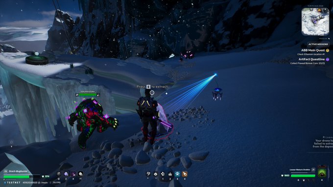 A screenshot from a video game showing two characters in an icy, mountainous environment with UI elements including a minimap and quest tracker ("ABD Main Quest", "Artifact Quarantine").