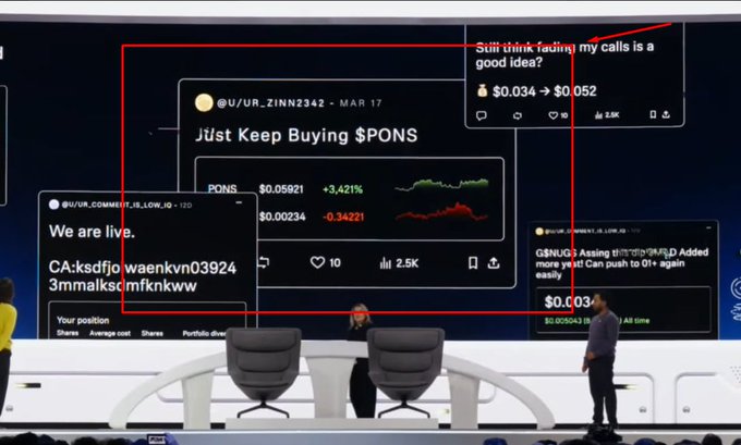 A Robinhood Summit stage features a giant screen displaying social posts about $PONS, including a highlighted post titled "Just Keep Buying $PONS" showing PONS at $0.05921 (+3.42%) and $0.00234 (-0.34%), alongside other posts promoting the token's CA address and urging followers to keep "waenkvn03924" calls.