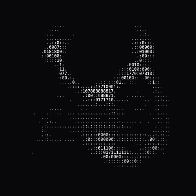 An ASCII art portrait of a smiling face made entirely of numbers (0s and 1s) and punctuation marks against a black background.